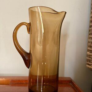 Mid Century Modern Amber Brown Blown Glass Drink Pitcher 10 inches